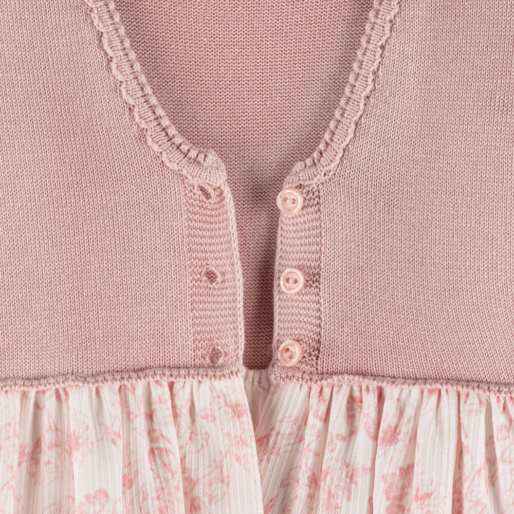 Artesanía Granlei-Girls Pink Knitted & Floral Patterned Dress | Childrensalon Outlet