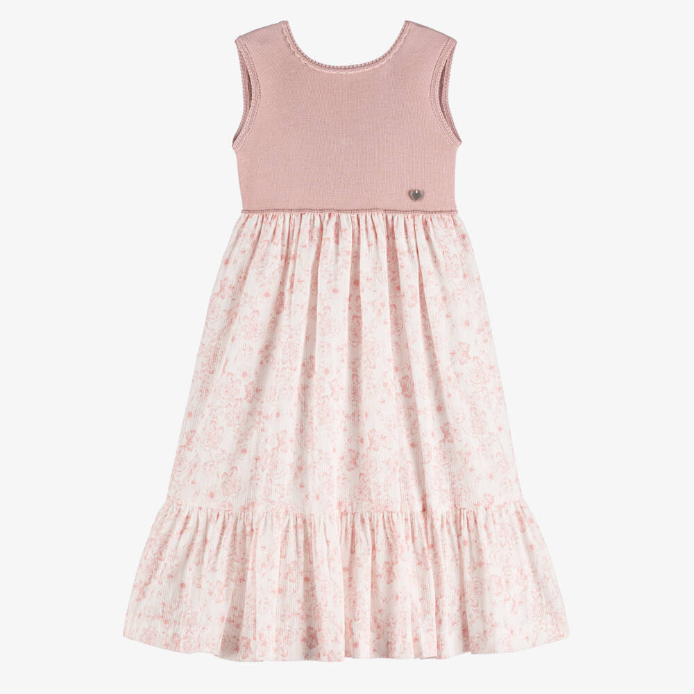 Artesanía Granlei-Girls Pink Knitted & Floral Patterned Dress | Childrensalon Outlet