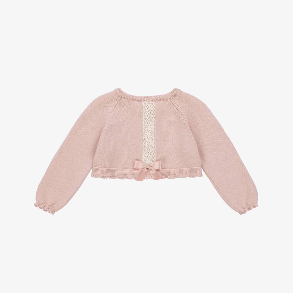 Artesanía Granlei-كارديغان مزيج قطن محبوك مزين بدانتيل لون زهري | Childrensalon Outlet