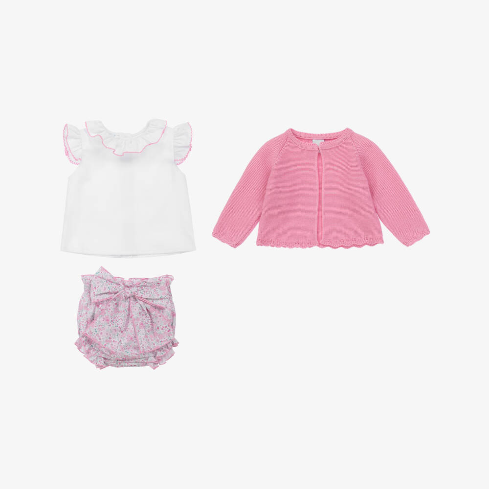 Artesanía Granlei-Girls Pink Rosette Cotton Ensemble | Childrensalon Outlet