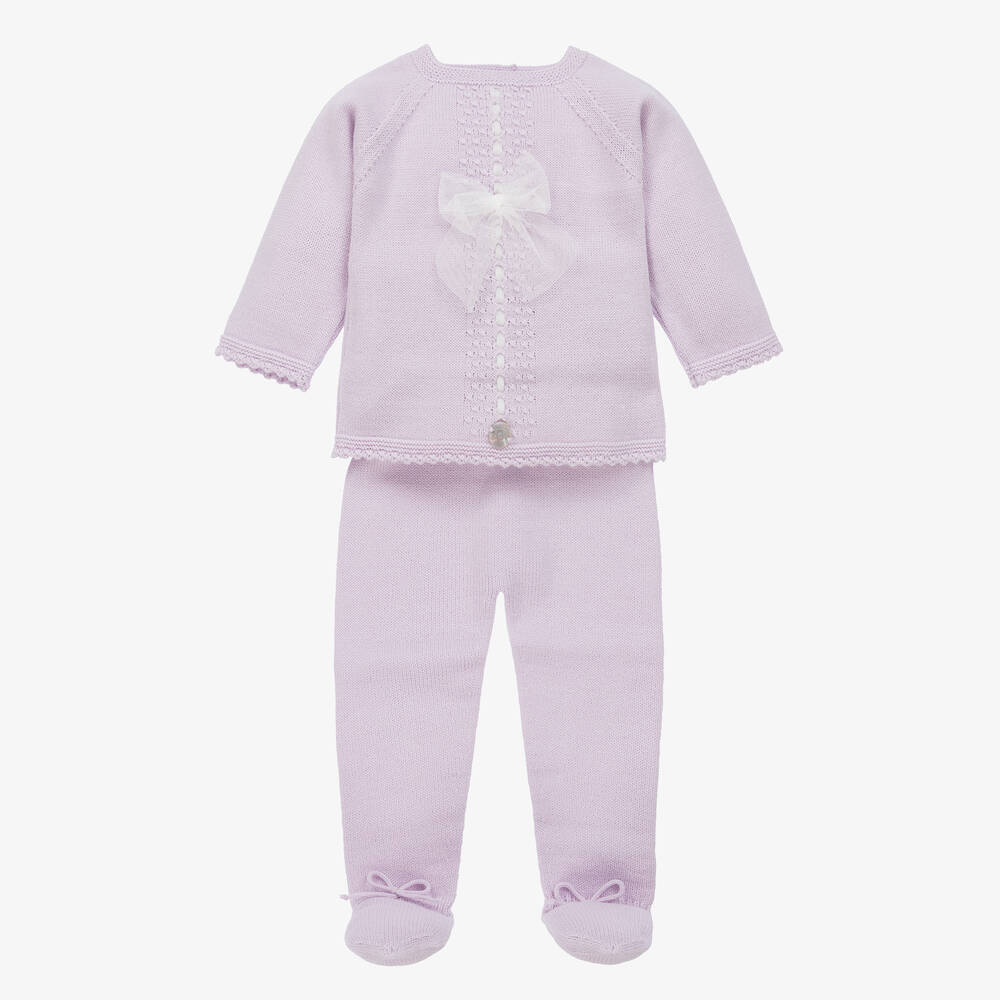 Artesanía Granlei - Girls Purple Bow Knitted 2 Piece Babygrow | Childrensalon