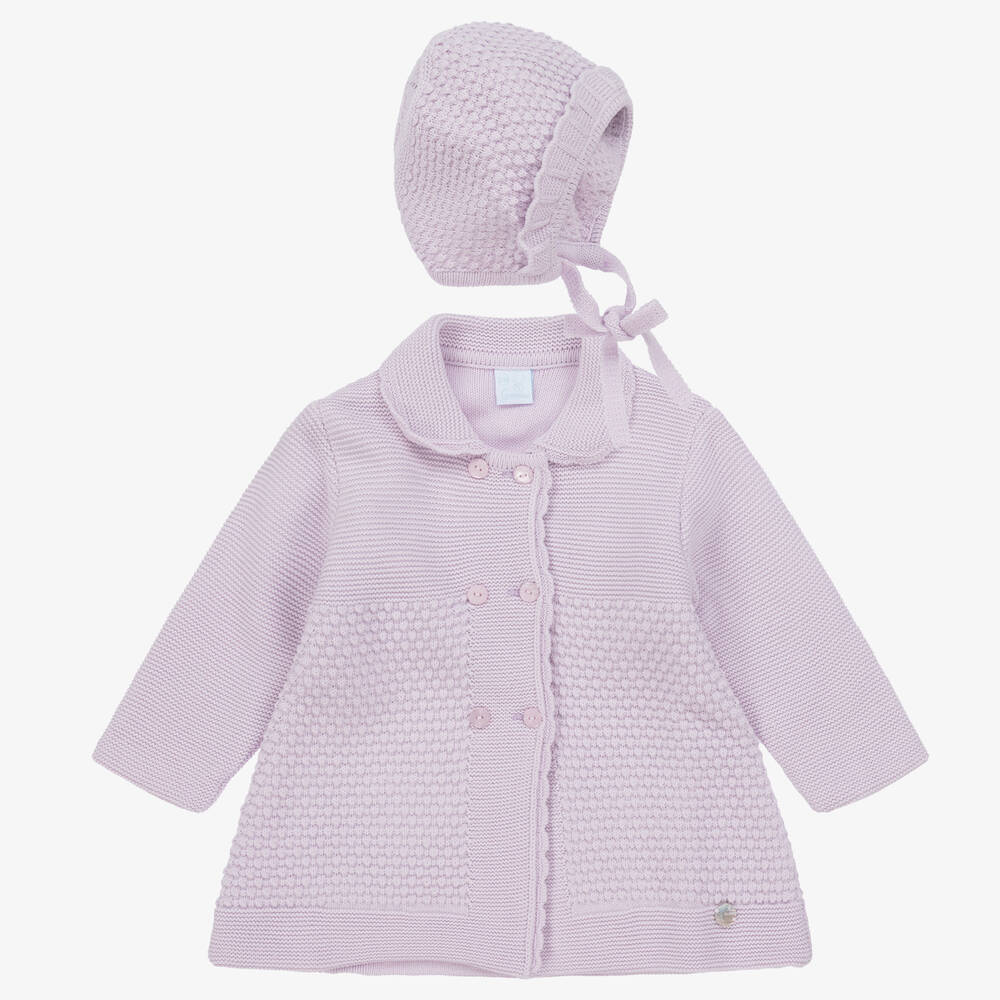 Artesanía Granlei - Girls Purple Knitted Coat & Bonnet Set | Childrensalon