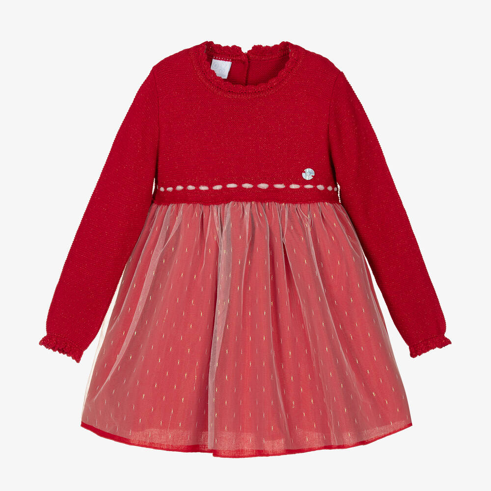 Artesanía Granlei - فستان أكريليك محبوك وتول لون أحمر | Childrensalon