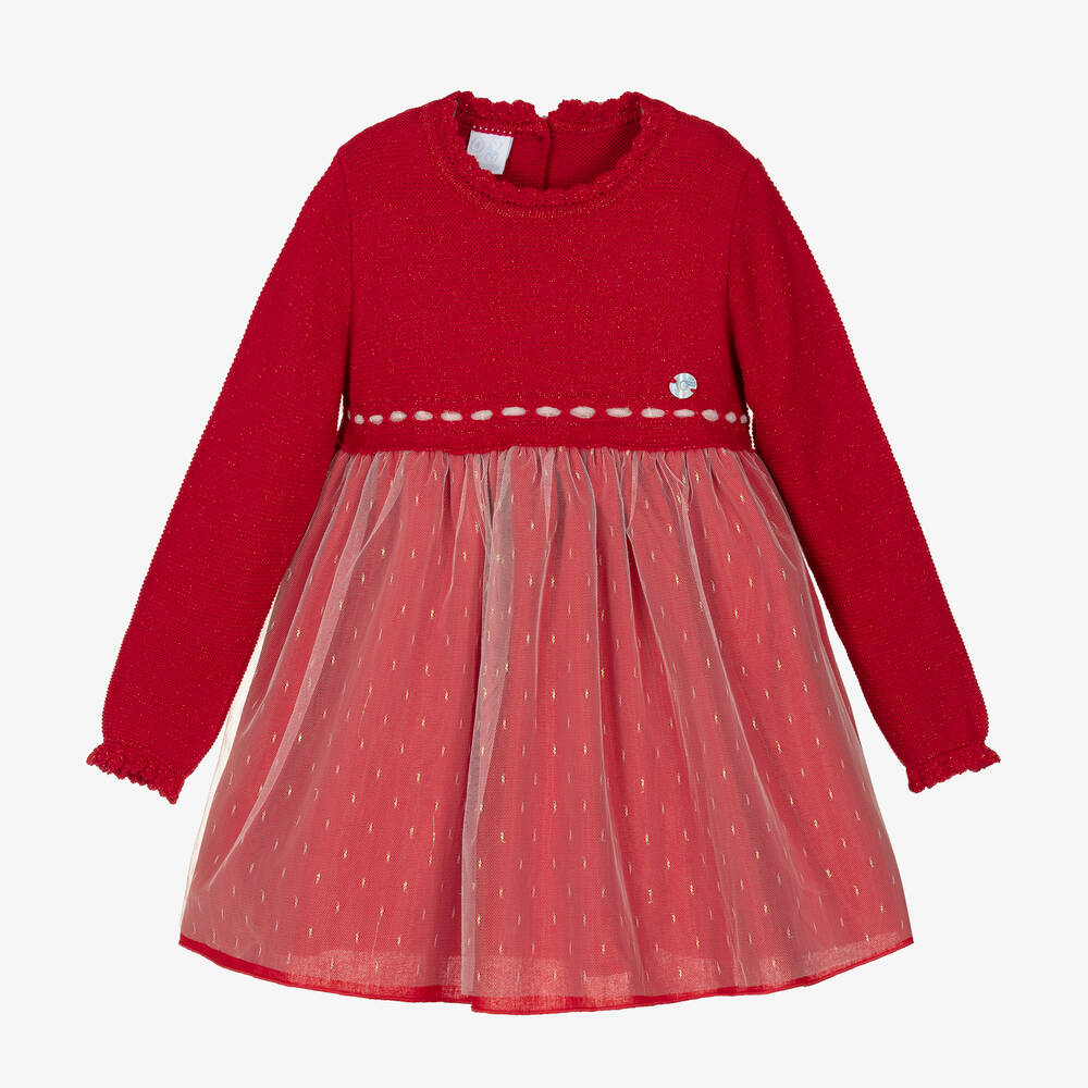 Artesanía Granlei-Красное трикотажное платье с отделкой из тюля | Childrensalon Outlet