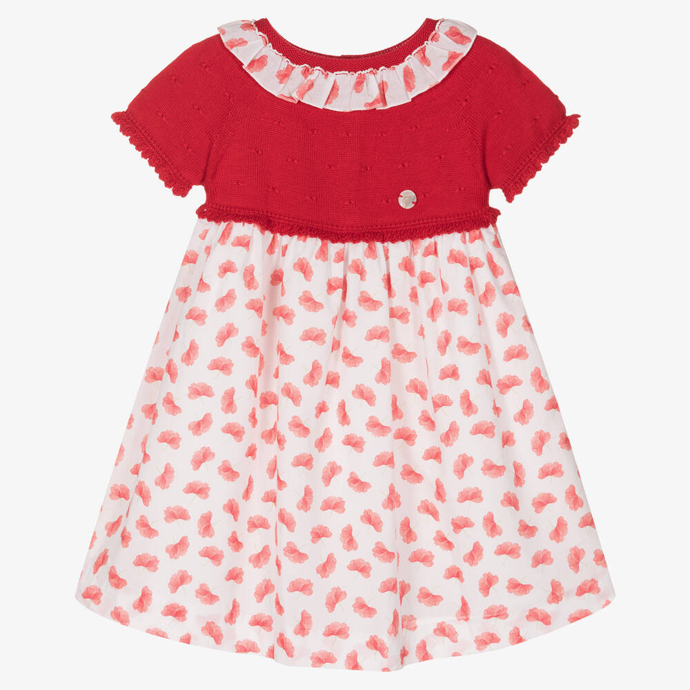 Artesanía Granlei - Girls Red Knitted & Floral Dress | Childrensalon