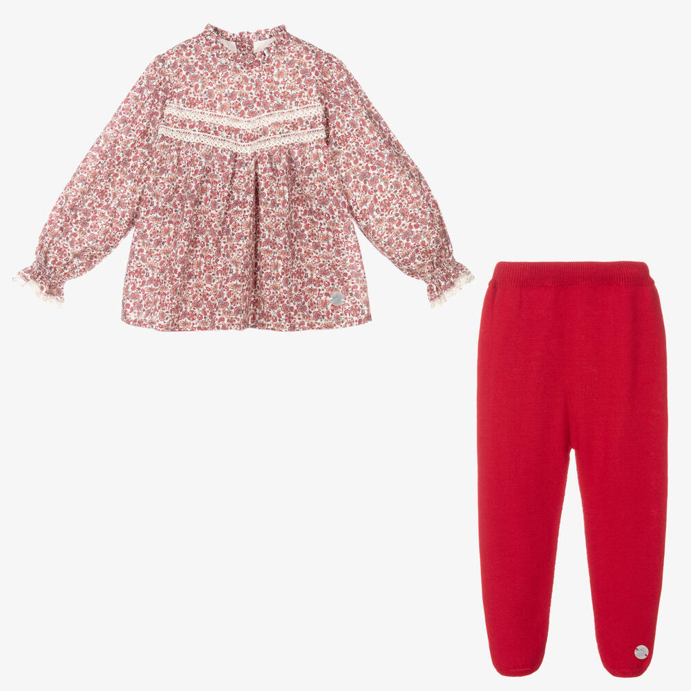 ارتيزانيا  غرانلي-طقم بنطلون أطفال بناتي قطن عضوي لون أحمر وعاجي | Childrensalon Outlet