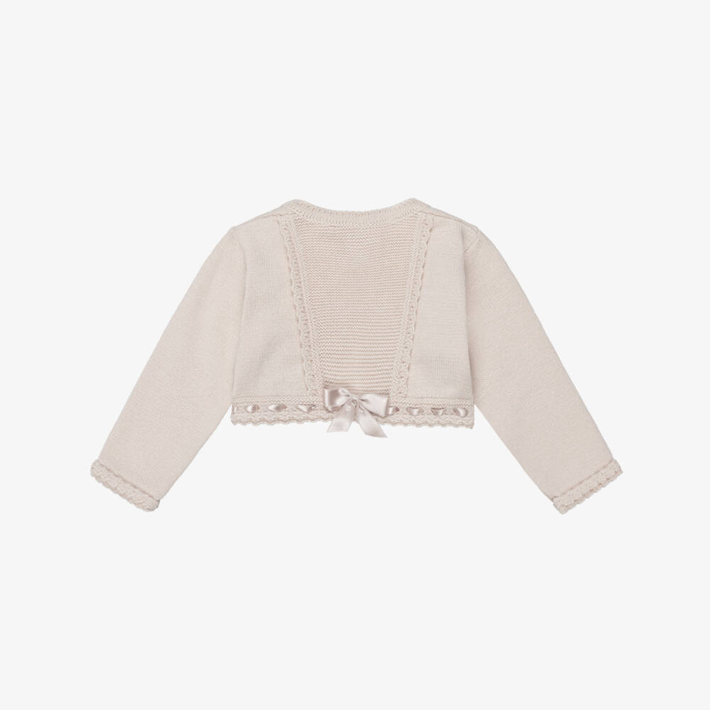 Artesanía Granlei-Girls Shimmery Beige Bolero Cardigan with Ribbon Detailing | Childrensalon Outlet