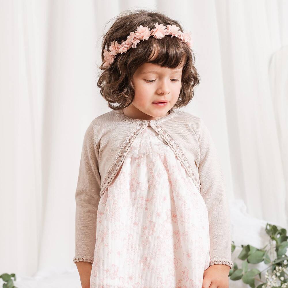 Artesanía Granlei-Girls Shimmery Beige Bolero Cardigan with Ribbon Detailing | Childrensalon Outlet