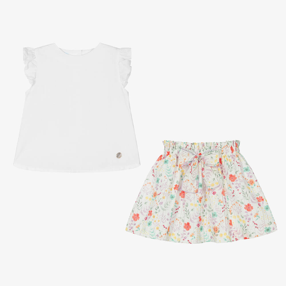 Artesanía Granlei-Girls White Cotton Floral Skirt Set | Childrensalon Outlet