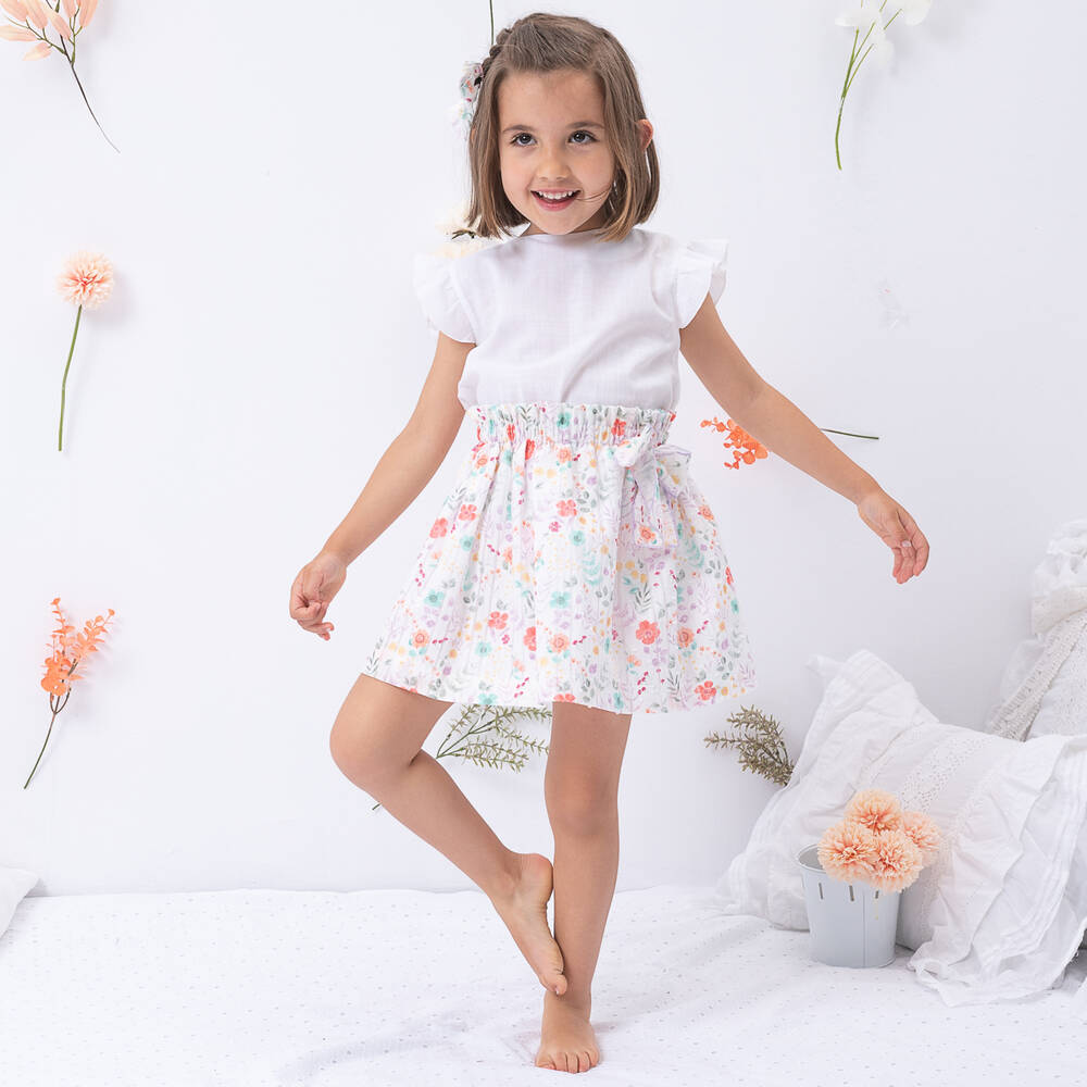 Artesanía Granlei-Girls White Cotton Floral Skirt Set | Childrensalon Outlet