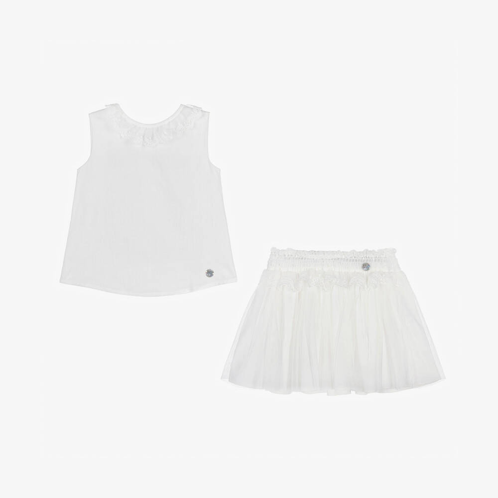 Artesanía Granlei-Girls White Cotton & Tulle Skirt Set | Childrensalon Outlet