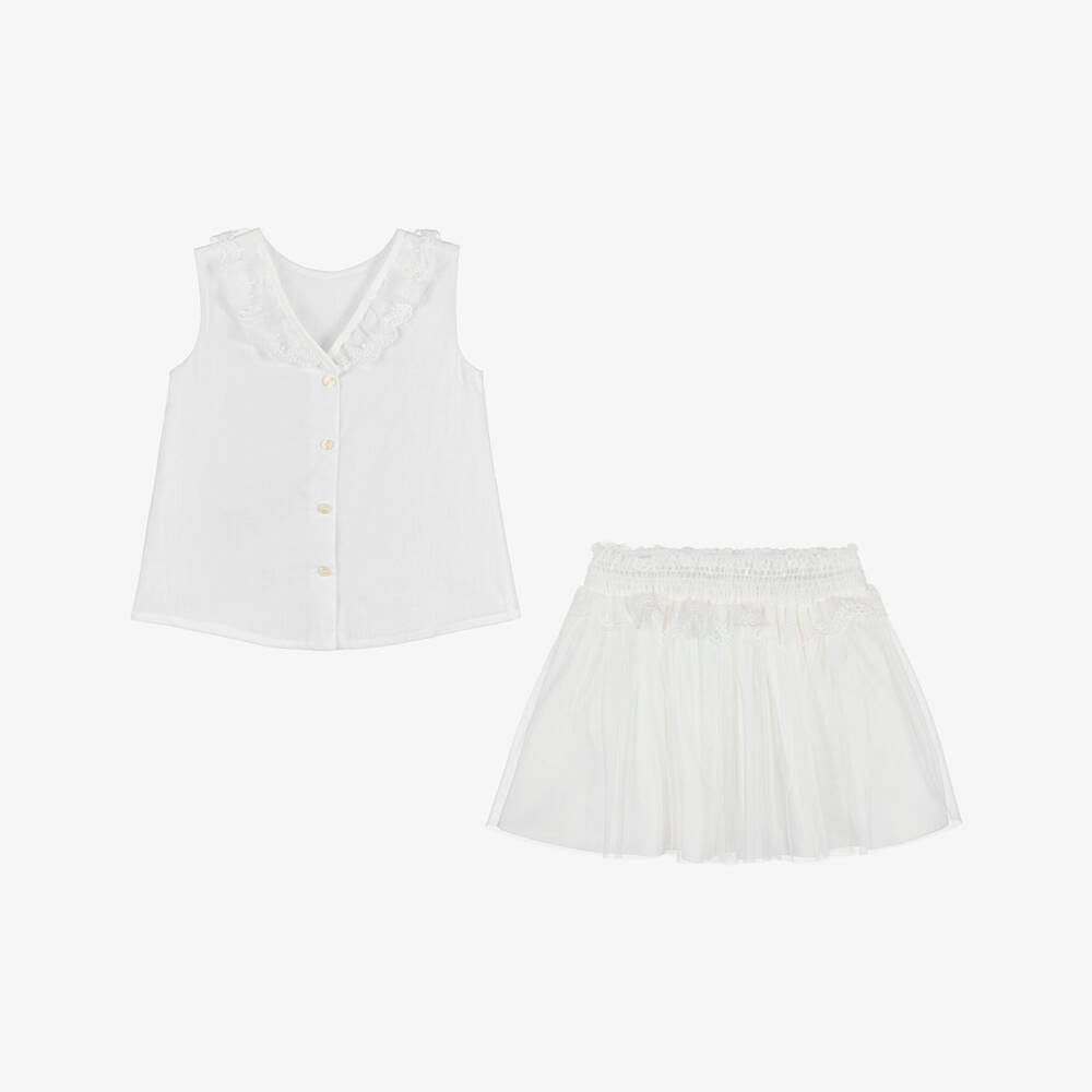Artesanía Granlei-Girls White Cotton & Tulle Skirt Set | Childrensalon Outlet