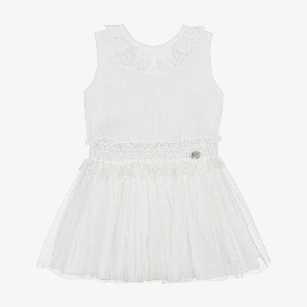 Artesanía Granlei-Girls White Cotton & Tulle Skirt Set | Childrensalon Outlet