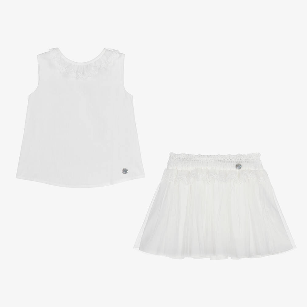 Artesanía Granlei-Girls White Cotton & Tulle Skirt Set | Childrensalon Outlet