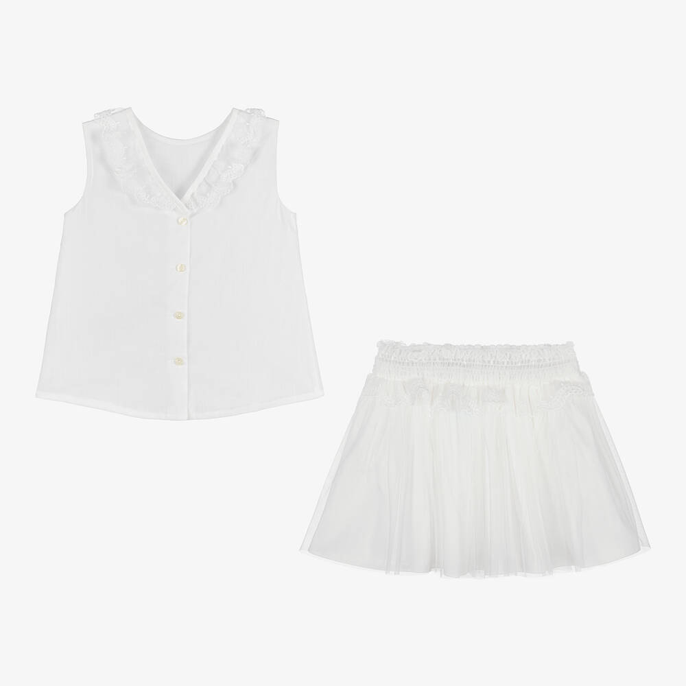 Artesanía Granlei-Girls White Cotton & Tulle Skirt Set | Childrensalon Outlet