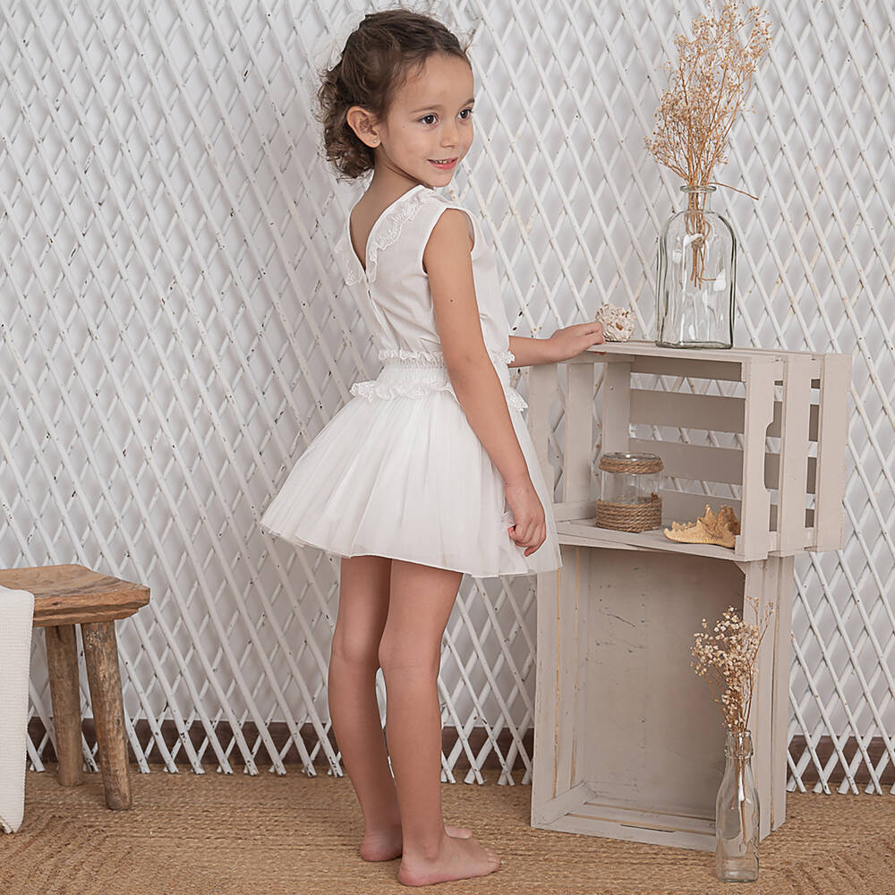 Artesanía Granlei-Girls White Cotton & Tulle Skirt Set | Childrensalon Outlet