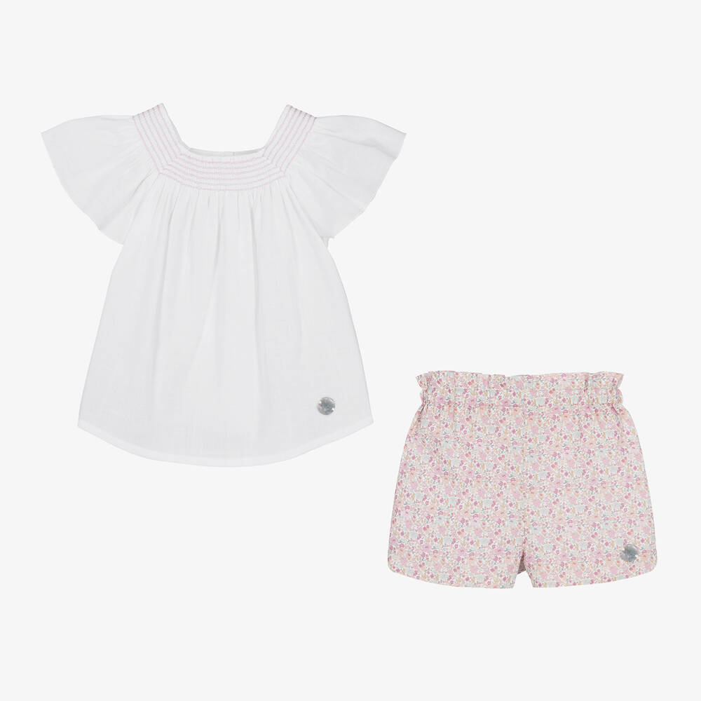 Artesanía Granlei-Girls White & Floral Cotton Shorts Set | Childrensalon Outlet