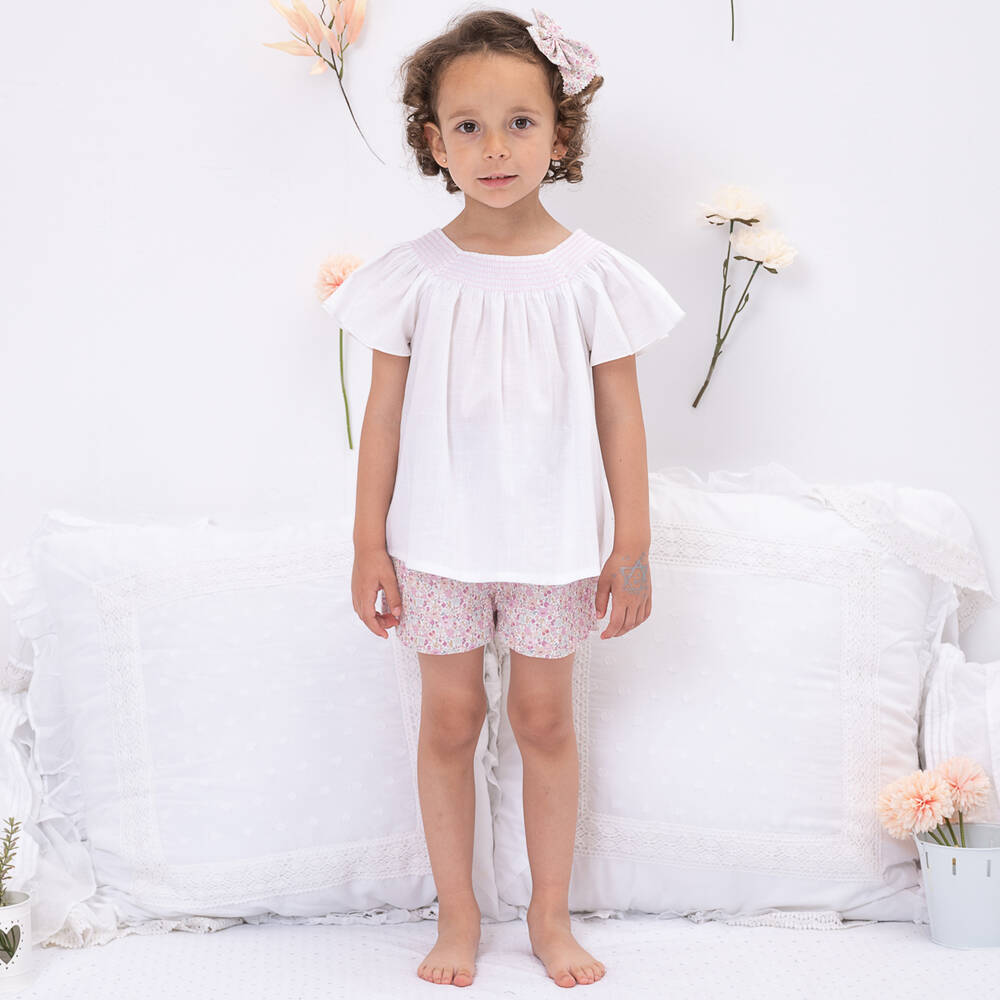 Artesanía Granlei-Girls White & Floral Cotton Shorts Set | Childrensalon Outlet
