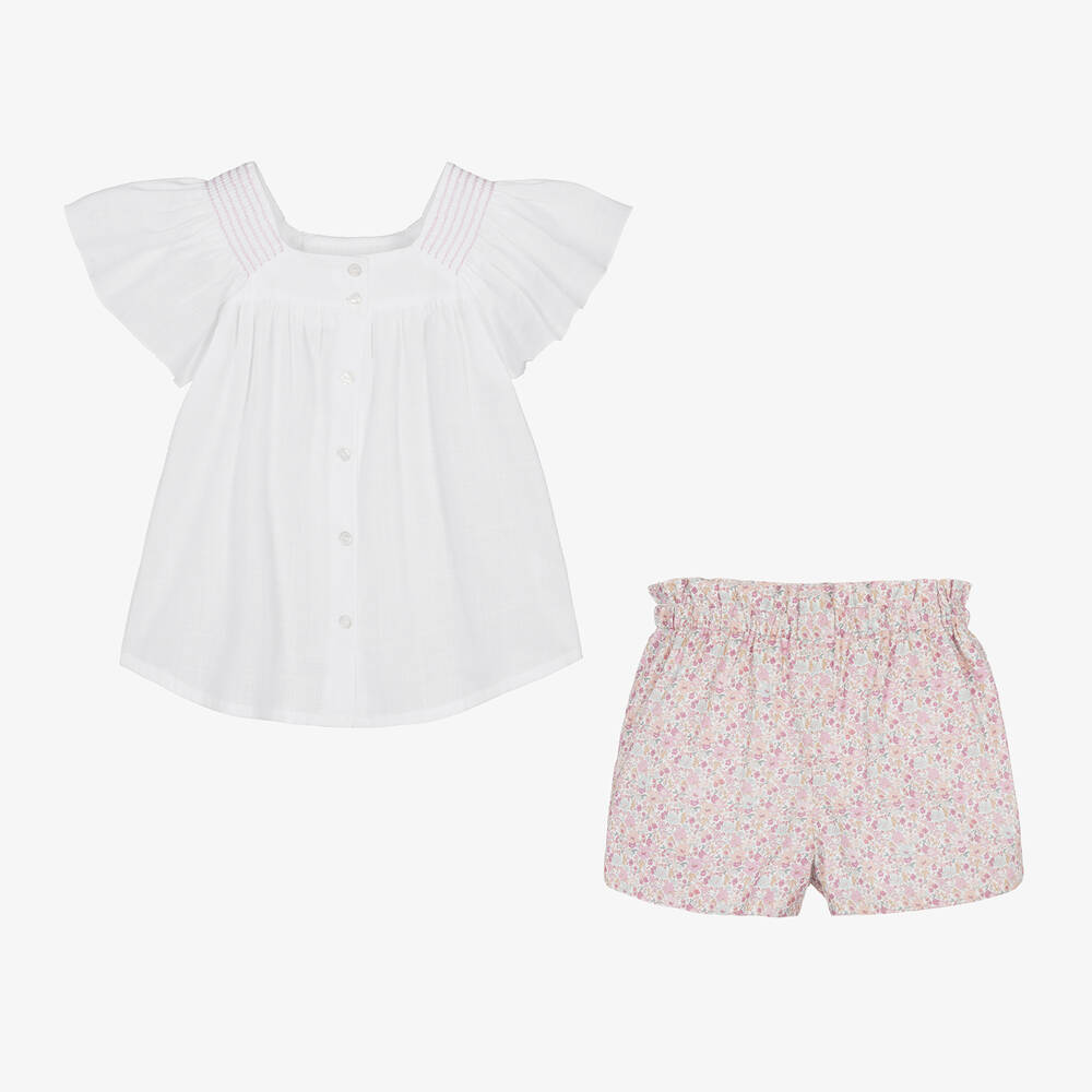 Artesanía Granlei-Girls White & Floral Cotton Shorts Set | Childrensalon Outlet