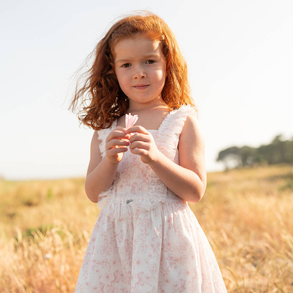 Artesanía Granlei-Girls White & Pink Floral Toile de Jouy Cotton Dress | Childrensalon Outlet