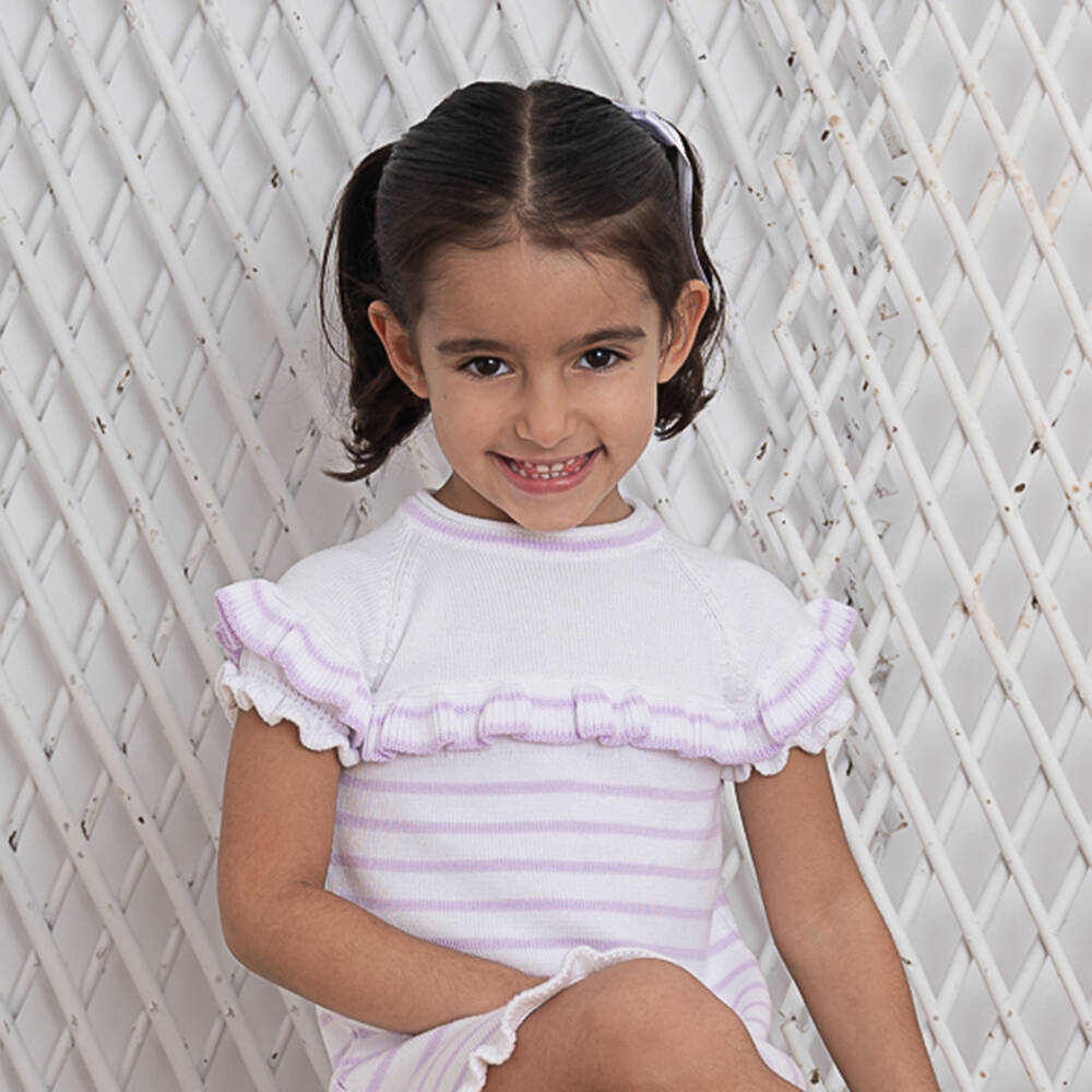 Artesanía Granlei-Girls White & Purple Stripe Cotton Dress | Childrensalon Outlet