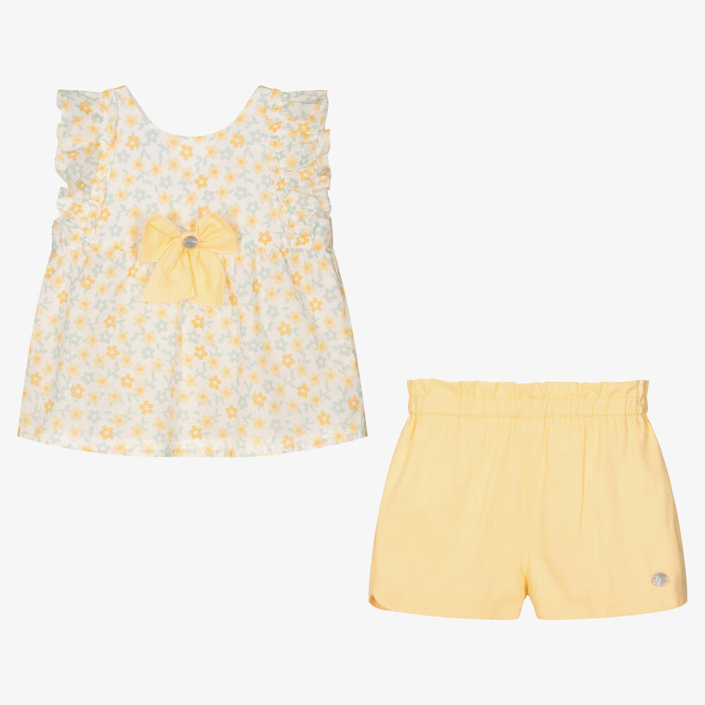 Artesanía Granlei-Girls Yellow Floral Cotton Shorts Set  | Childrensalon Outlet