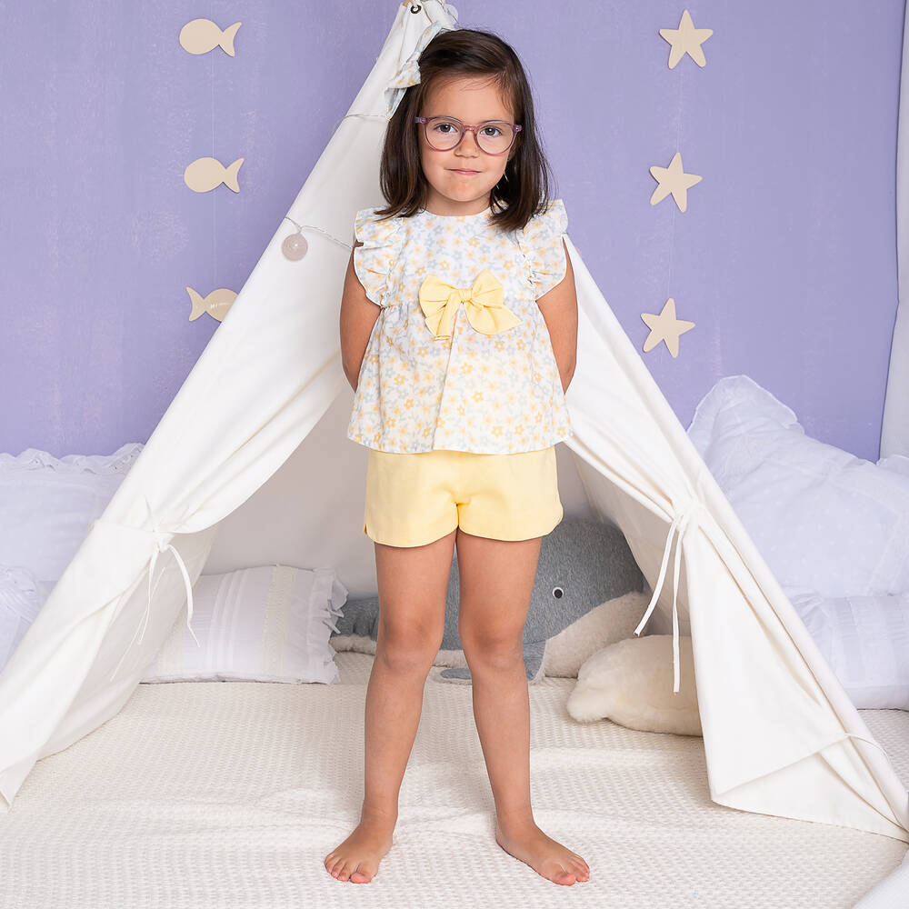 Artesanía Granlei-Girls Yellow Floral Cotton Shorts Set  | Childrensalon Outlet