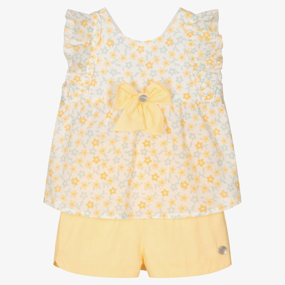 Artesanía Granlei - Girls Yellow Floral Cotton Shorts Set  | Childrensalon