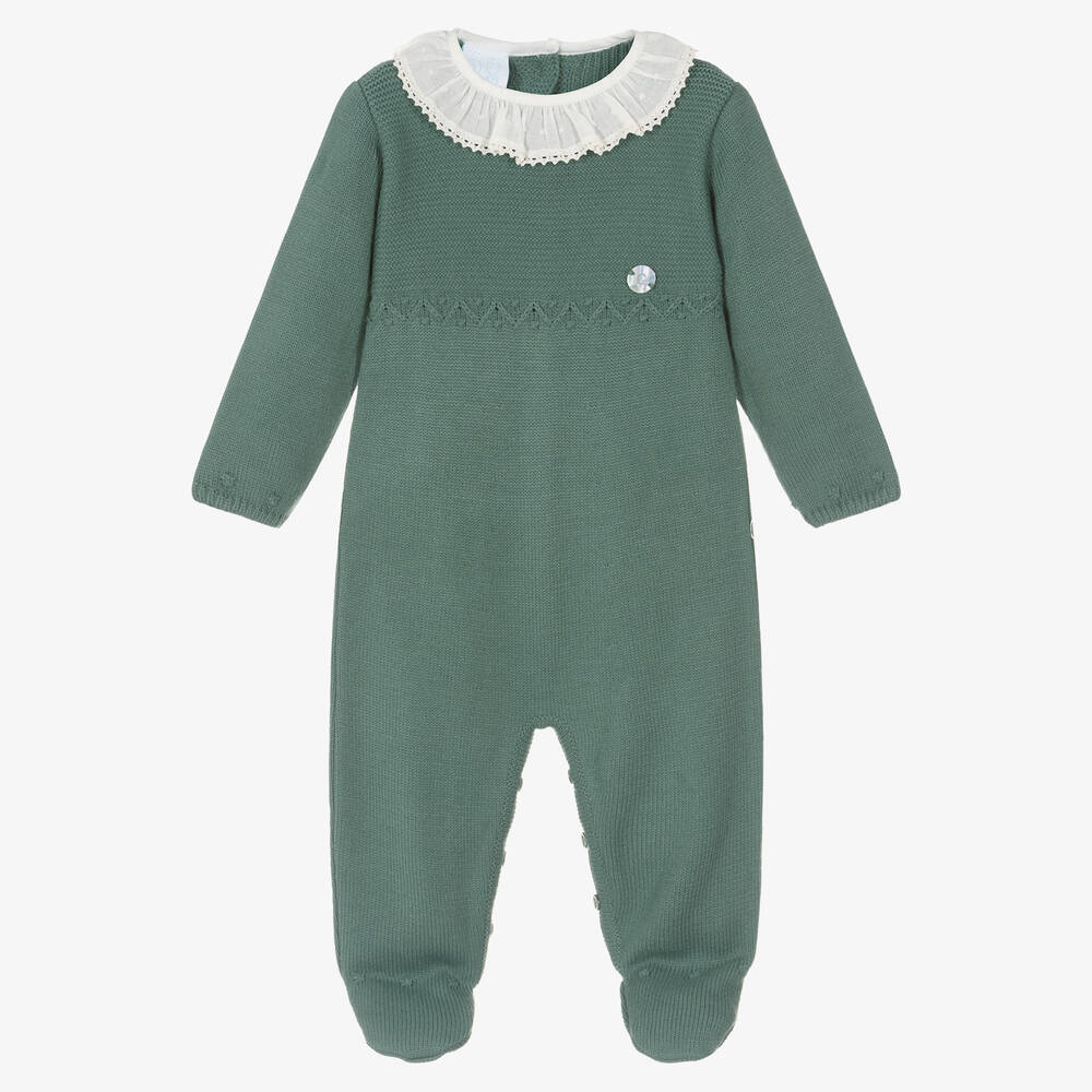Artesanía Granlei - Green Cotton Knit Ruffle Collar Babygrow | Childrensalon