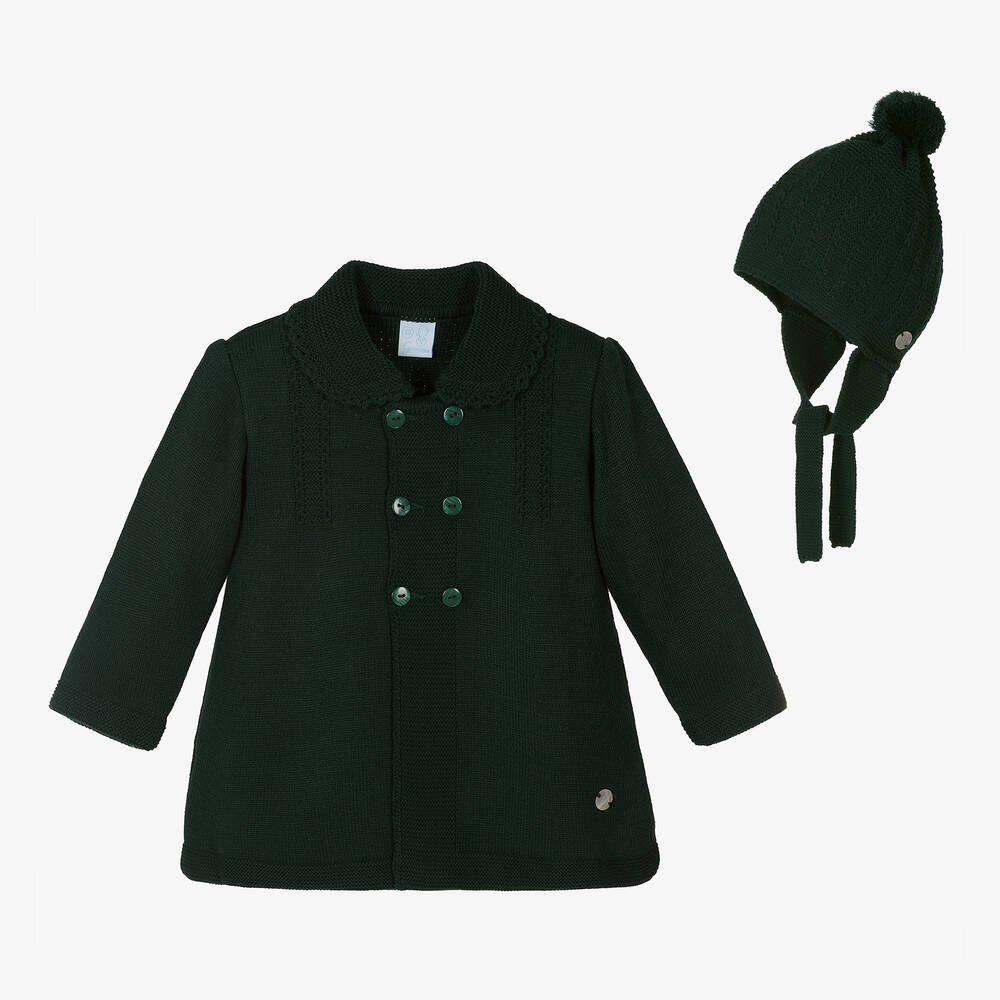 Artesanía Granlei - طقم معطف وقبعة أكريليك محبوك لون أخضر للبنات | Childrensalon