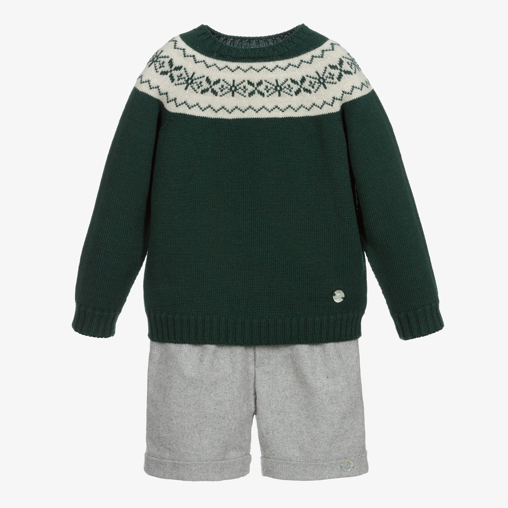 Artesanía Granlei - Зеленый вязаный свитер и серые шорты | Childrensalon