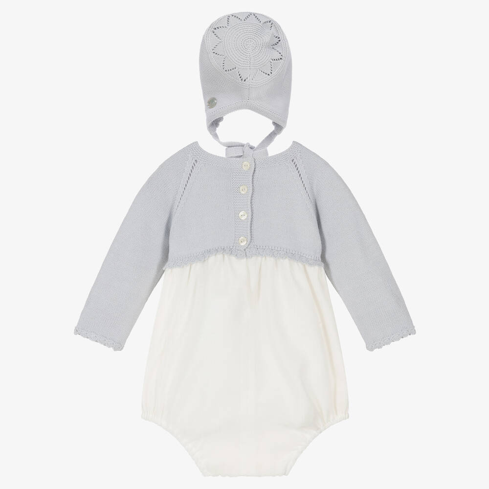 Artesanía Granlei-Кремово-серый трикотажный комбинезон и чепчик | Childrensalon Outlet