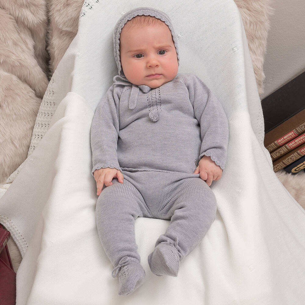 Artesanía Granlei-Grey Knitted Babysuit & Hat Set | Childrensalon Outlet