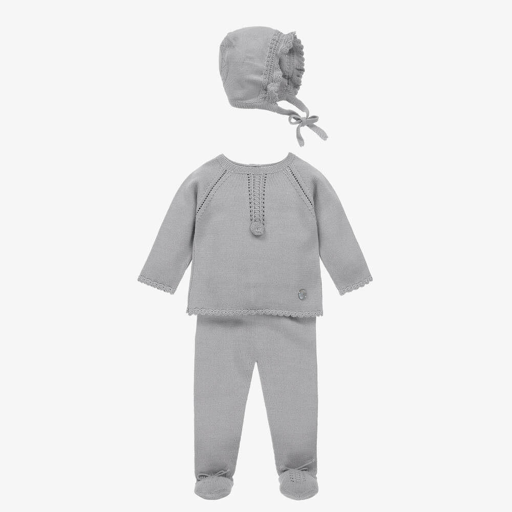 Artesanía Granlei - Grey Knitted Babysuit & Hat Set | Childrensalon