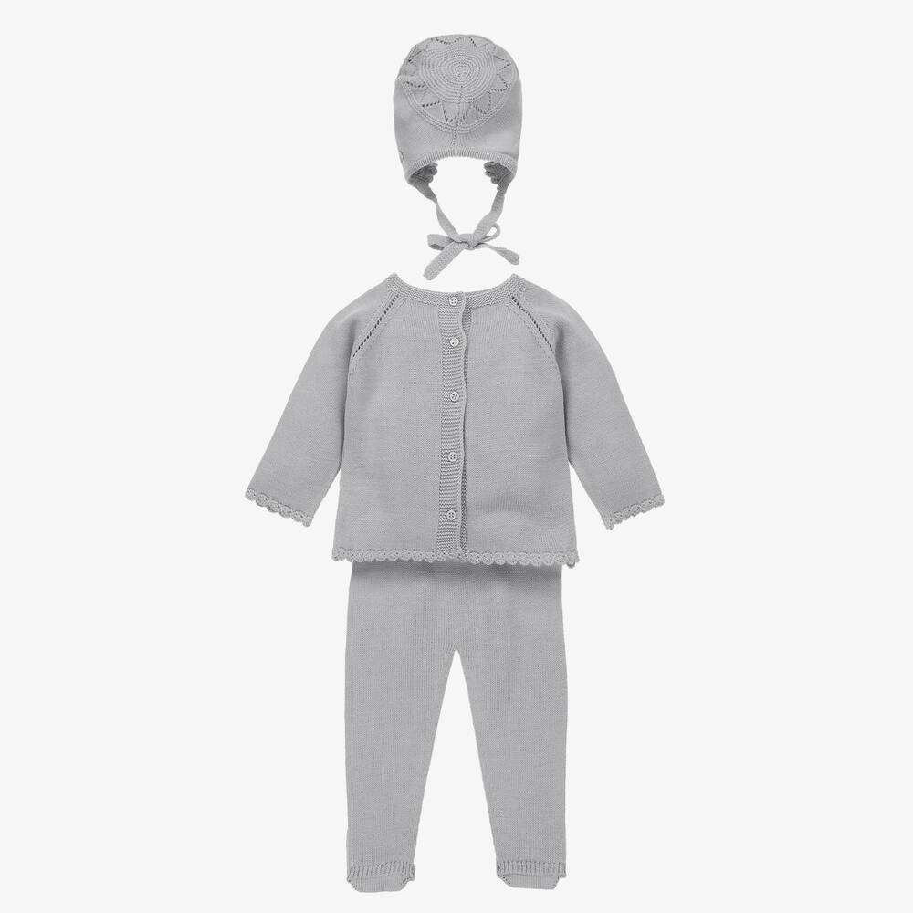 Artesanía Granlei-Grey Knitted Babysuit & Hat Set | Childrensalon Outlet