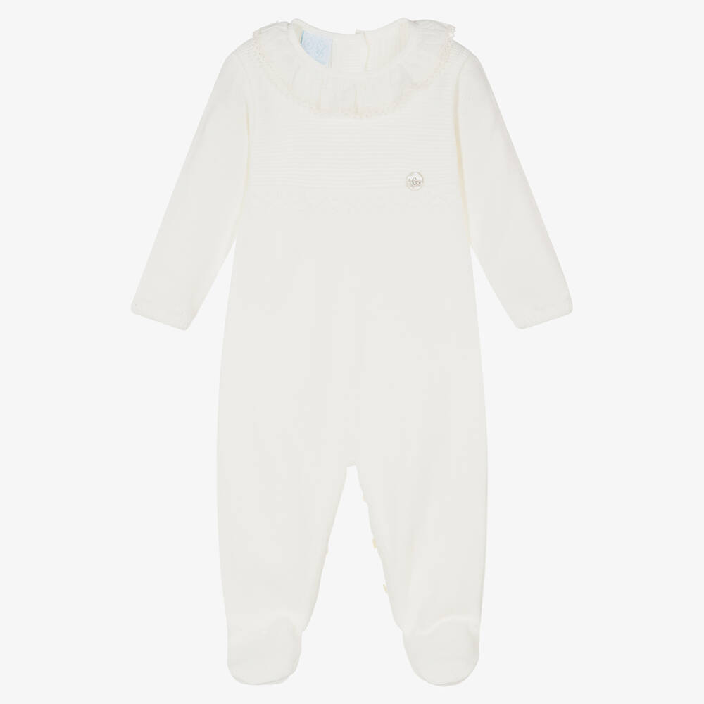 Artesanía Granlei - Ivory Cotton Knit Ruffle Collar Babygrow | Childrensalon