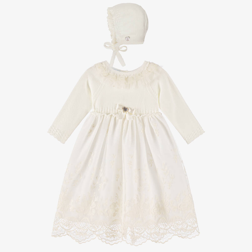 Artesanía Granlei-Ivory Knit Top & Lace Ceremony Gown & Bonnet | Childrensalon Outlet
