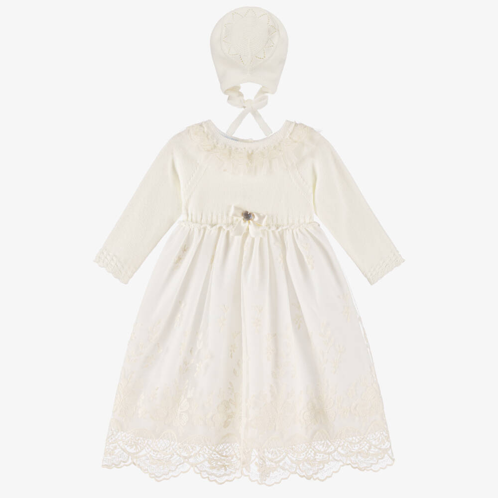 Artesanía Granlei-Ivory Knit Top & Lace Ceremony Gown & Bonnet | Childrensalon Outlet