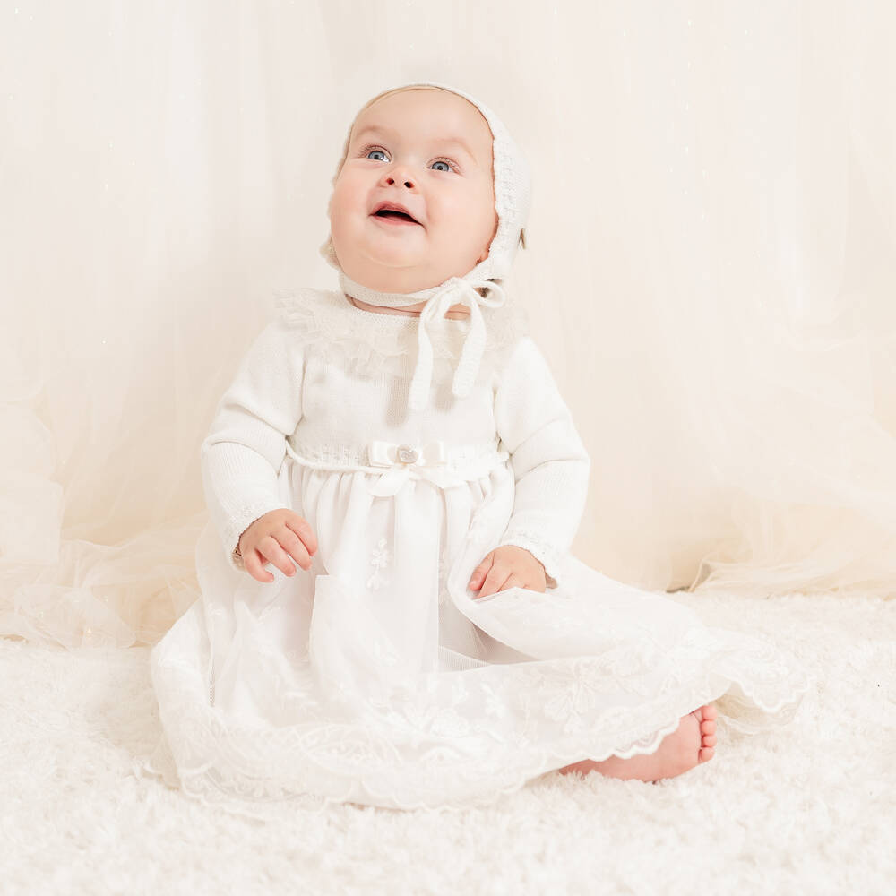 Artesanía Granlei-Ivory Knit Top & Lace Ceremony Gown & Bonnet | Childrensalon Outlet