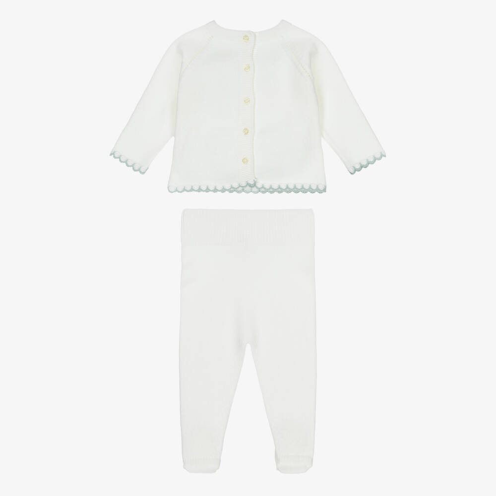Artesanía Granlei-Ivory Knitted 2 Piece Babygrow with Blue Scalloped Trim | Childrensalon Outlet