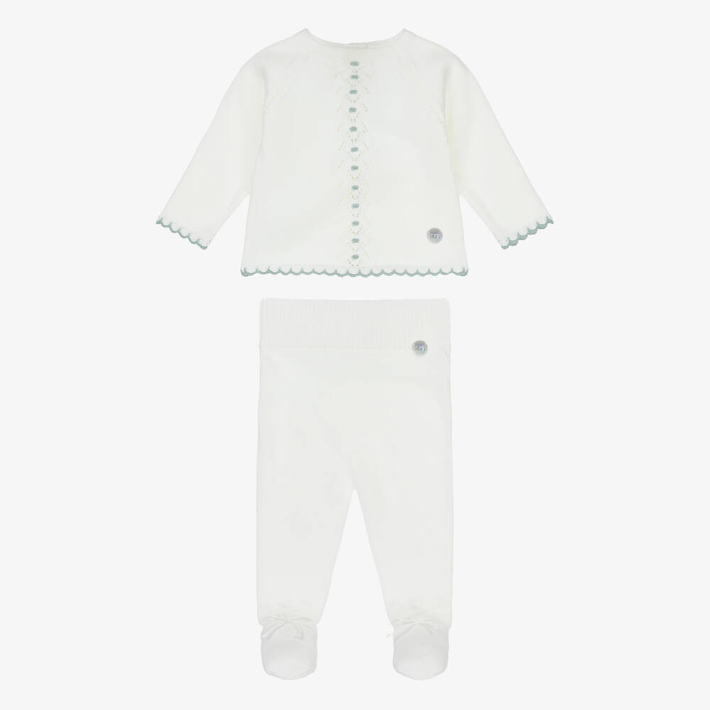 Artesanía Granlei-Ivory Knitted 2 Piece Babygrow with Blue Scalloped Trim | Childrensalon Outlet
