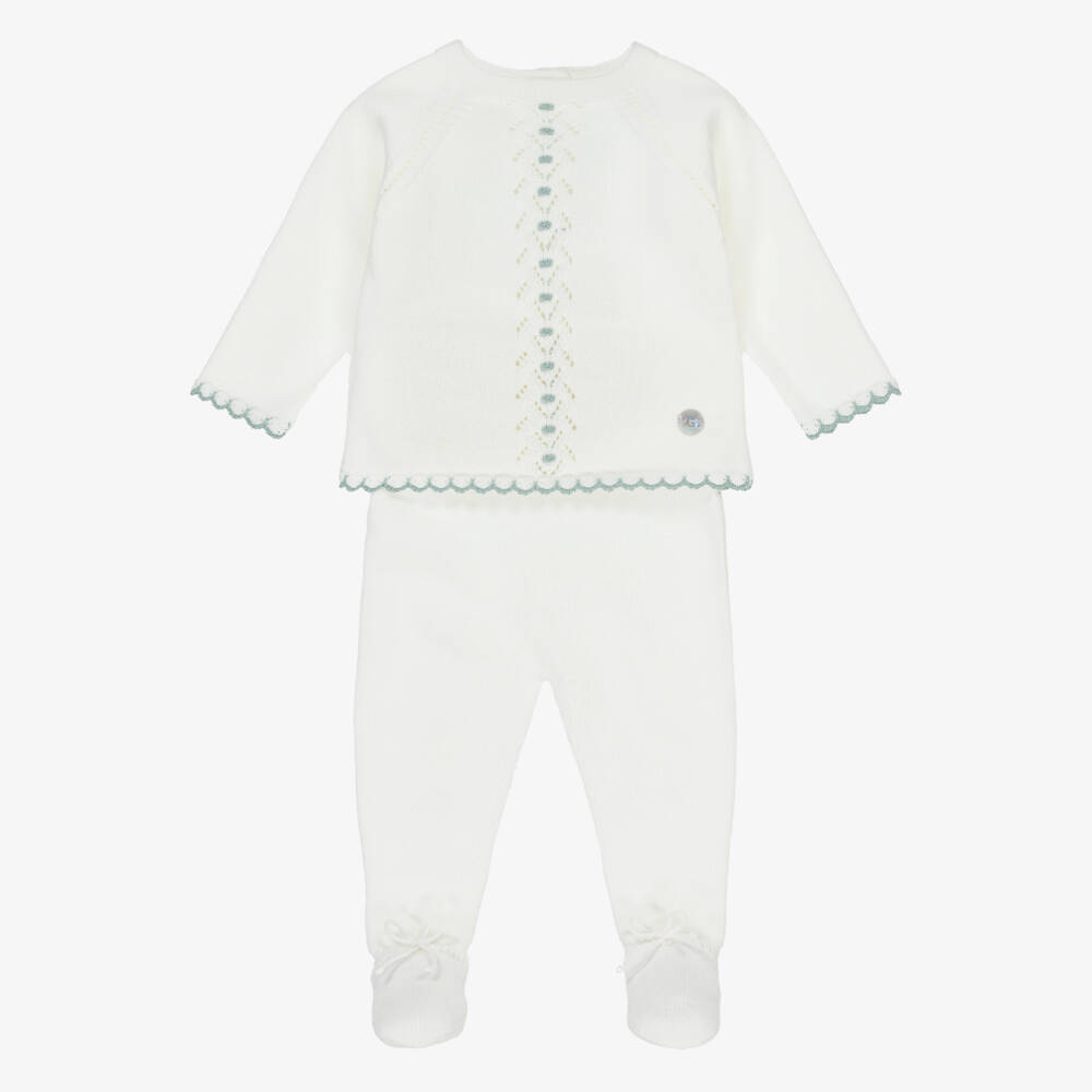 Artesanía Granlei-Ivory Knitted 2 Piece Babygrow with Blue Scalloped Trim | Childrensalon Outlet
