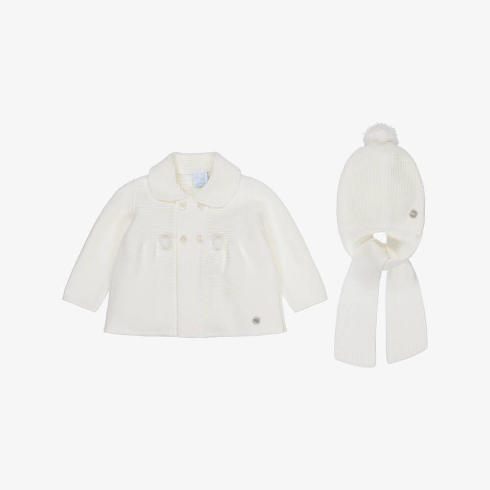 Artesanía Granlei-Ivory Knitted Baby Coat & Pom-Pom Hat Set | Childrensalon Outlet