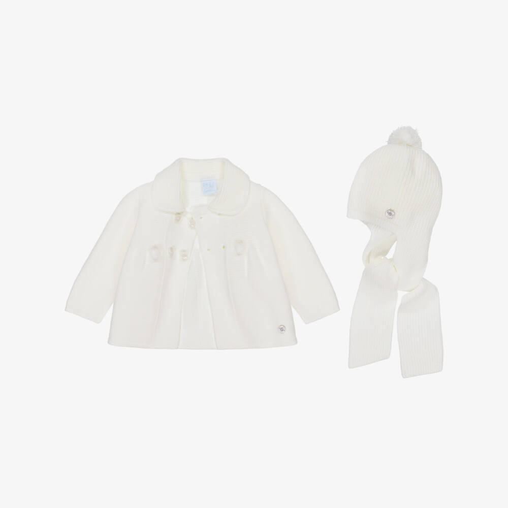 Artesanía Granlei-Ivory Knitted Baby Coat & Pom-Pom Hat Set | Childrensalon Outlet