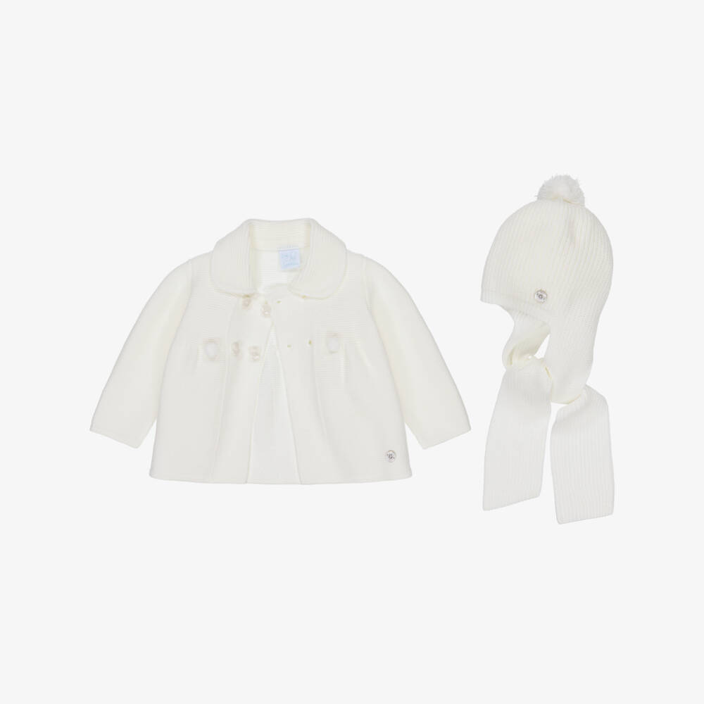 Artesanía Granlei-Ivory Knitted Baby Coat & Pom-Pom Hat Set | Childrensalon Outlet