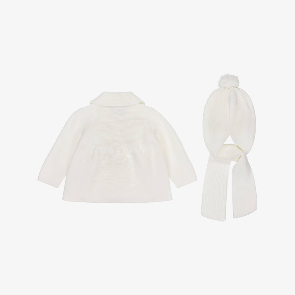 Artesanía Granlei-Ivory Knitted Baby Coat & Pom-Pom Hat Set | Childrensalon Outlet