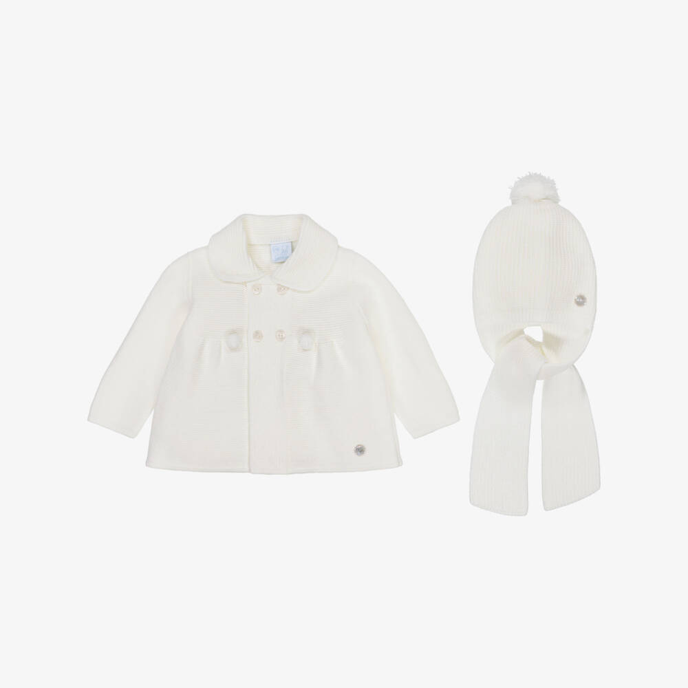 Artesanía Granlei-Ivory Knitted Baby Coat & Pom-Pom Hat Set | Childrensalon Outlet