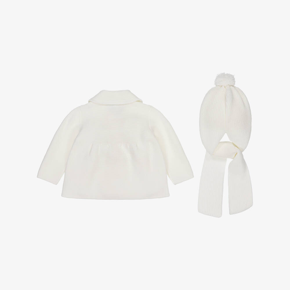 Artesanía Granlei-Ivory Knitted Baby Coat & Pom-Pom Hat Set | Childrensalon Outlet