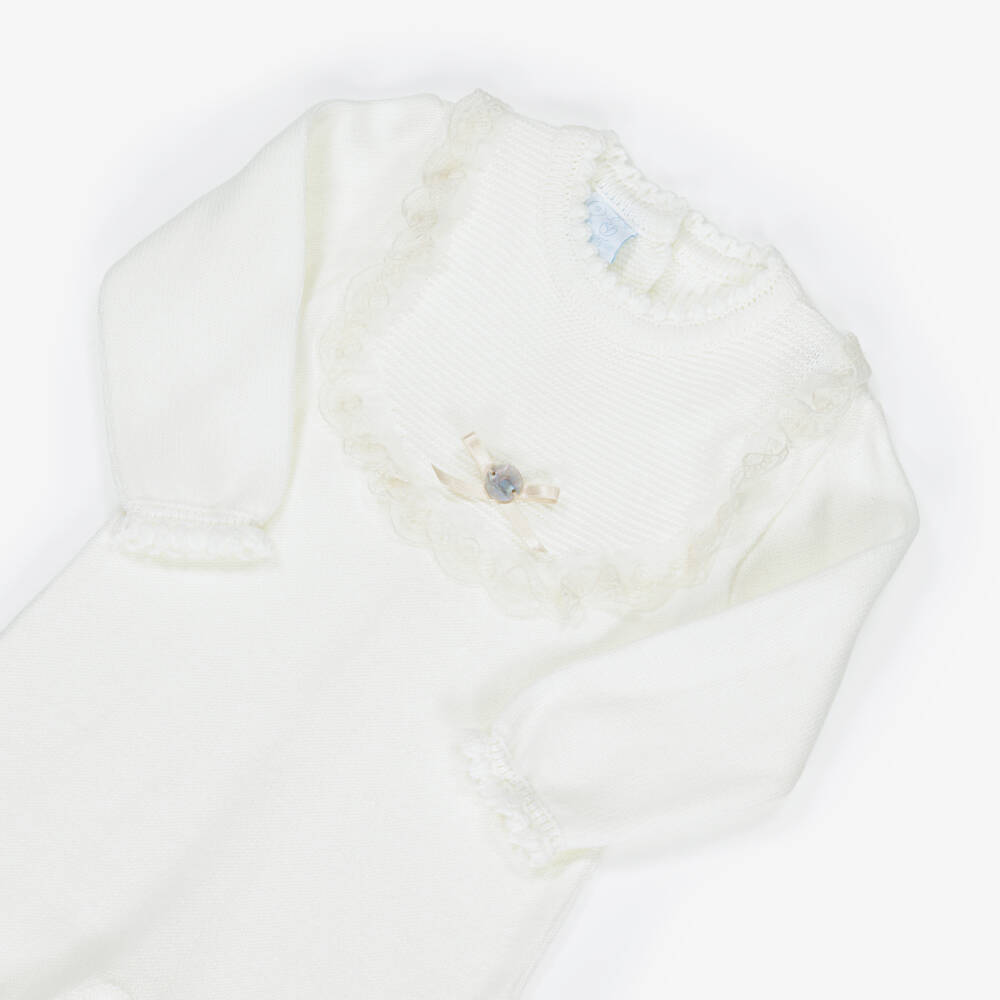 Artesanía Granlei-Ivory Knitted Babygrow with Lace Detailing | Childrensalon Outlet