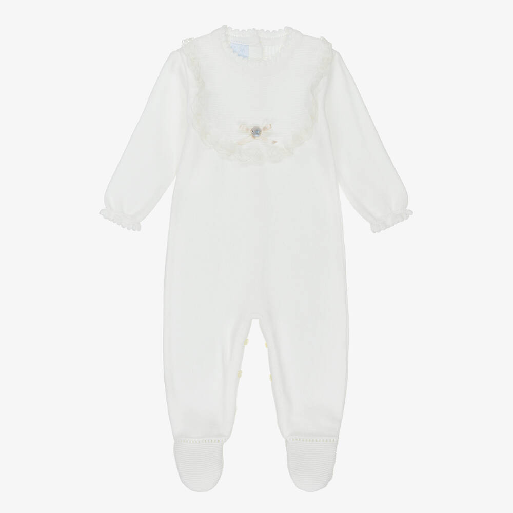 Artesanía Granlei-Ivory Knitted Babygrow with Lace Detailing | Childrensalon Outlet